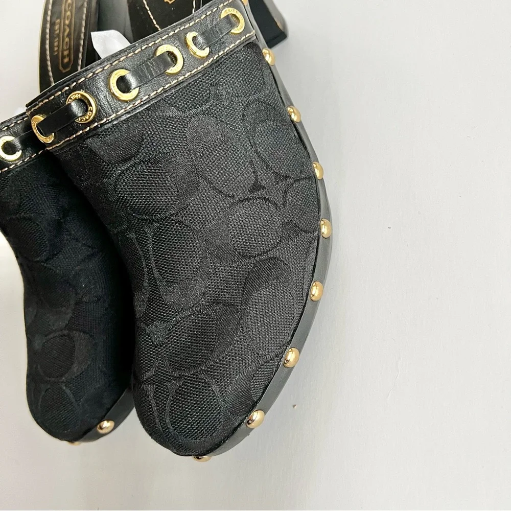 Coach Monogram C Black Heeled Mules with studded accents Size 10